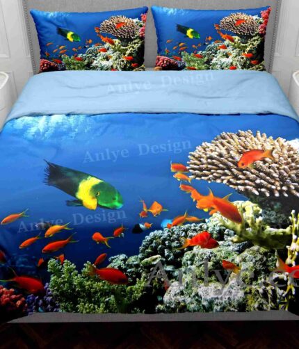 Colorful 3D Printed Underwater Paradise with Colorful Fish and Green Coral Duvet Cover Set
