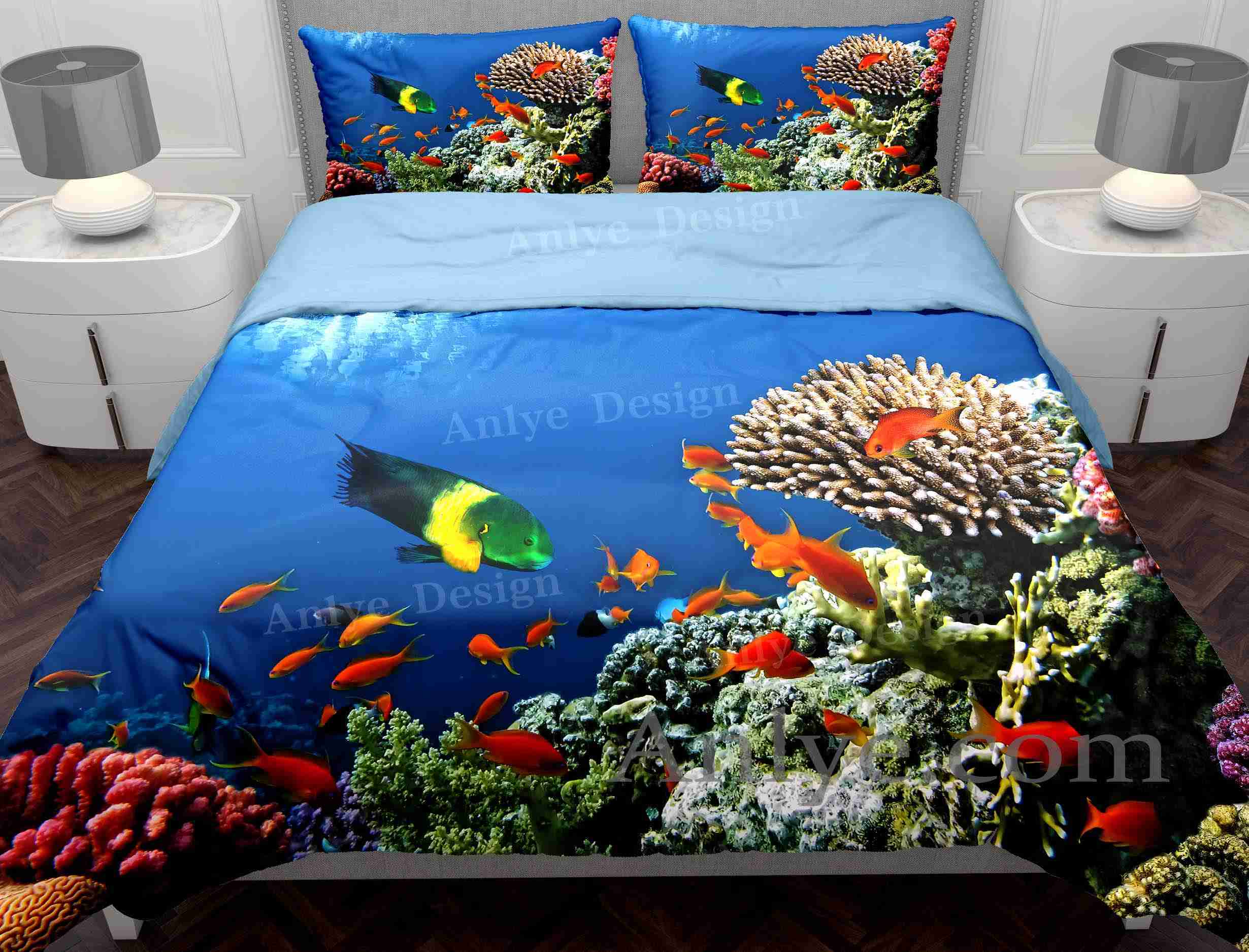 Colorful 3D Printed Underwater Paradise with Colorful Fish and Green Coral Duvet Cover Set