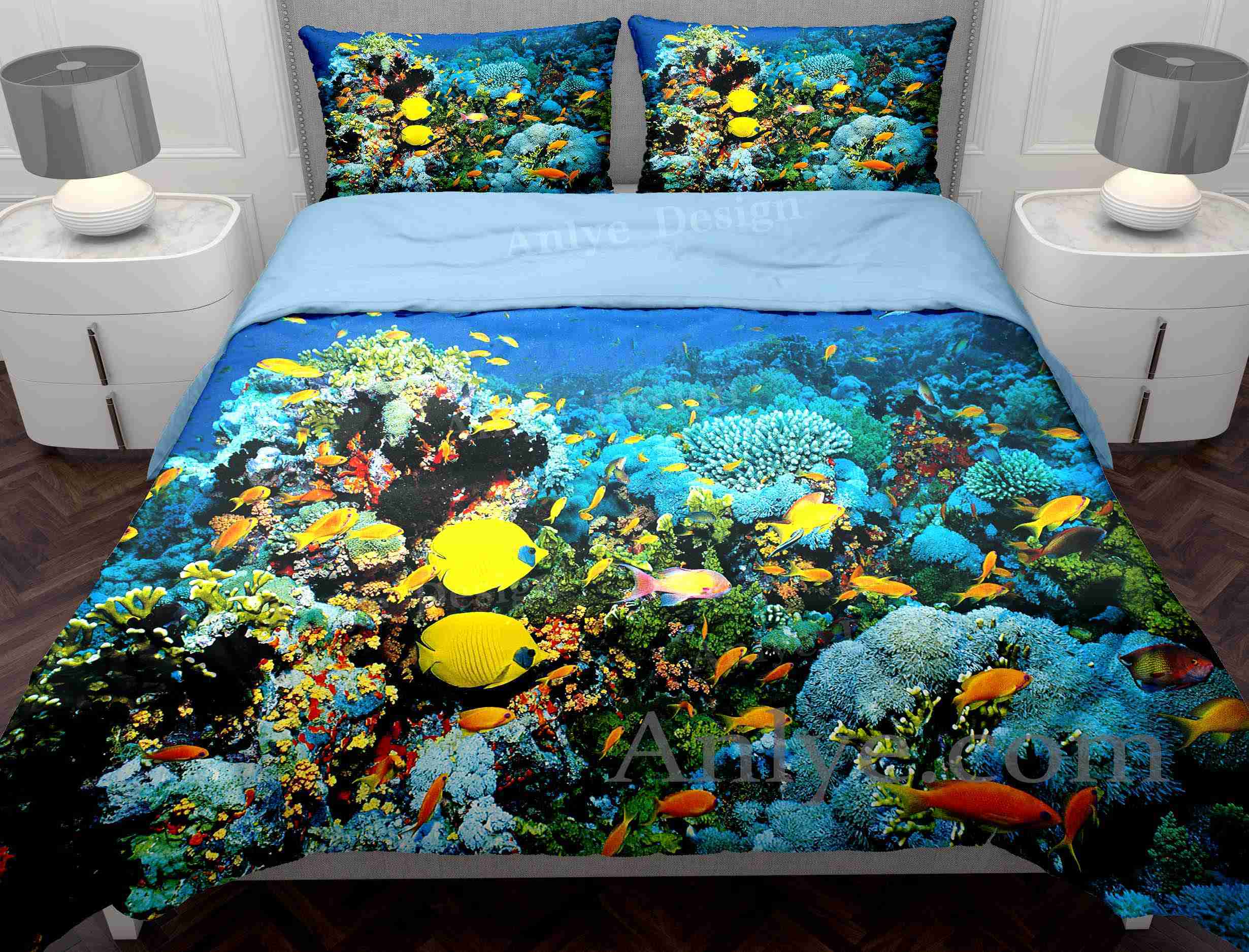 Ocean Underwater World Duvet Cover Set: Colorful Fish and Coral in a Sea of Green - The Perfect Bedroom Addition